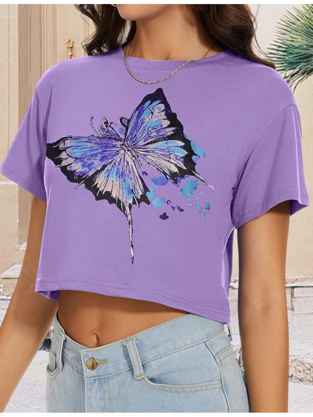 〽️Women Purple Butterfly Short Sleeve Round Neck Loos Fit Casual Summer Crop Top